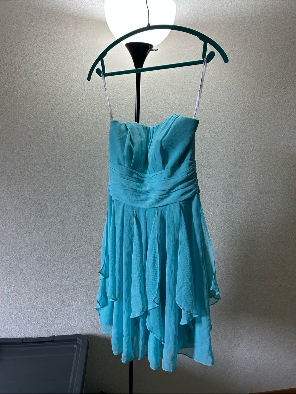 David's Bridal Strapless Aqua Dress